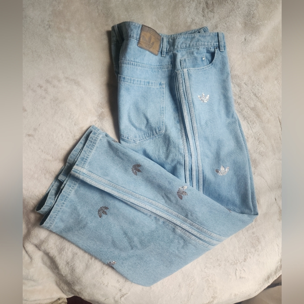 Adidas Rhinestone denim pants Glittery Logo Rhinestones Clear Blue. PANTS ONLY!! - Picture 3 of 16